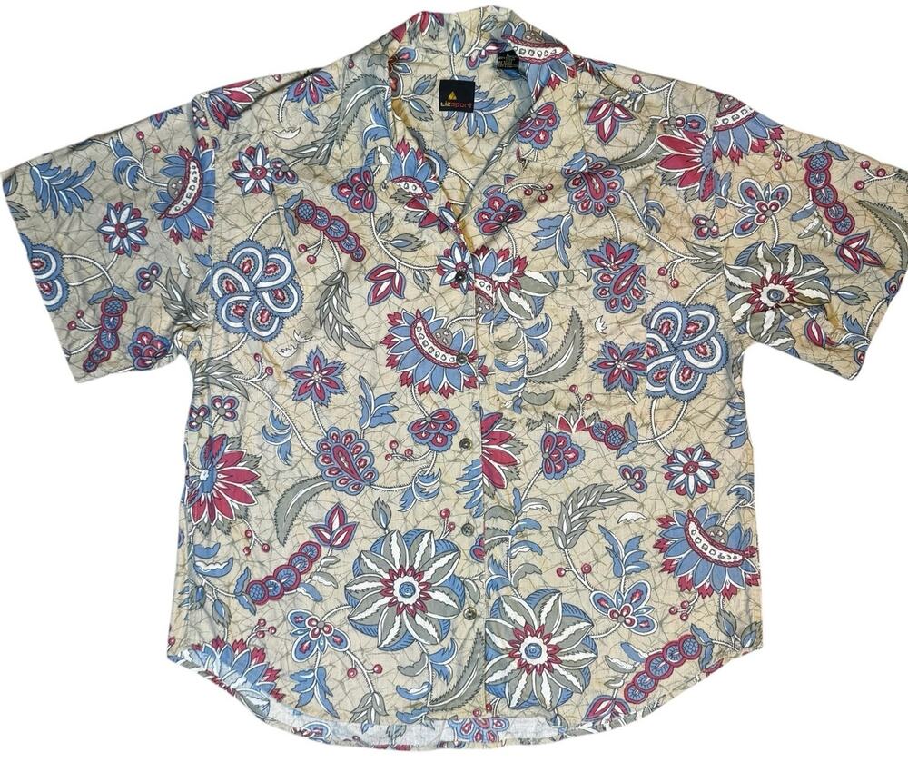 Lizsport Floral Paisley Button Up Shirt Womens Large Beige Cotton Cottagecore
